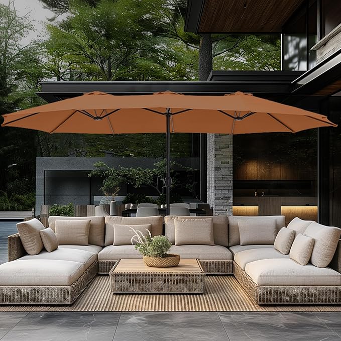 GREEN PARTY 15 ft Rectangle Patio Umbrella with Base Included, Double-Sided Table Umbrella with Crank, Large Outdoor Umbrellas for Patio Poolside Garden Backyard, Tawny