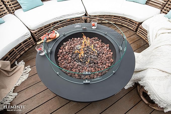 Elementi | Bundle Lunar Gas Fire Pit Cast Concrete 42" Round Fire Table, Outdoor Fire Pit Electronic Ignition | Canvas Cover, Lava Rock Included | Dark Gray (Propane Gas)