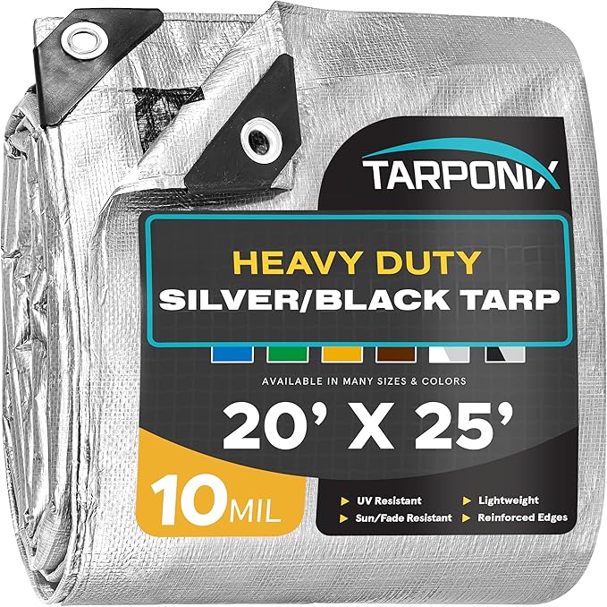 20' x 25' Dual-Sided Heavy-Duty Tarp – 10 Mil Tear-Resistant Silver & Black Cover with Reinforced Edges and Anti-Rust Grommets