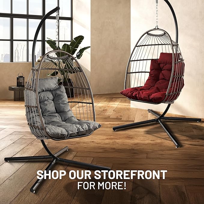 SereneLife Foldable Egg Chair with Stand – Hanging Rattan Wicker Swing for Indoor Outdoor Use – 350 lbs Capacity, Breathable Cushion & Headrest – Patio, Balcony, Porch, Bedroom Lounge Furniture