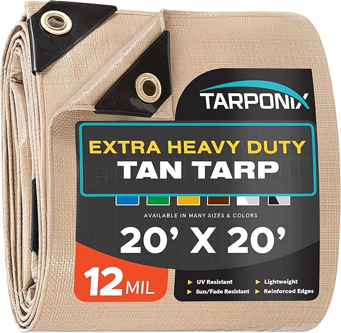 20' x 20' Extra Heavy-Duty Tan Poly Tarp – 12 Mil Thick, Waterproof, UV-Resistant Polyethylene with Reinforced Edges, Double-Stitched Hems, and Rustproof Grommets