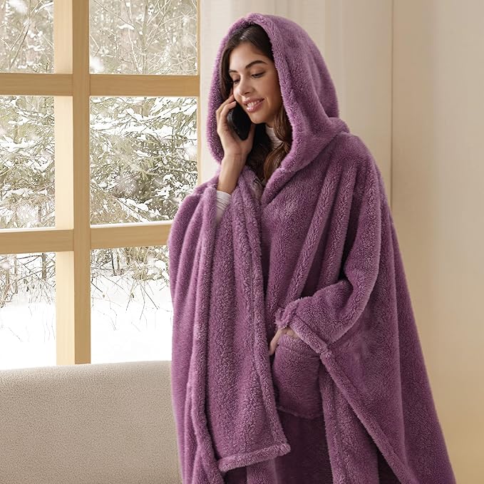 Bedsure Blanket Poncho for Women, Hooded Wearable Fleece Blanket for Adult, Winter Poncho Shawl Wrap Cape as Gifts for Mom