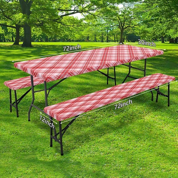 DYNH 3 Pcs Picnic Table Cover with Bench Covers, 6ft Waterproof Reusable Elastic Fitted Rectangle Picnic Table Cloths,30x72IN Red Plaid Picnic Tablecloth for Camping Patio Travel Outdoor,2