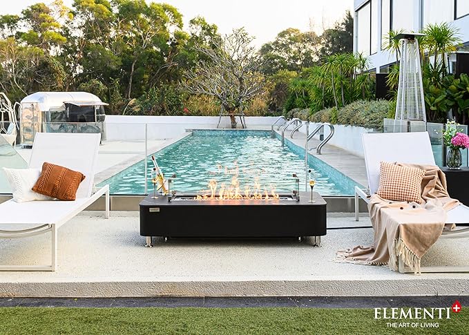 Elementi+ | Bundle Valencia Gas Fire Pit | Concrete Body & Marble Porcelain Top | 62" Rectangular Fire Table | Electronic Ignition | Canvas Cover, Fire Glass, Burner Lid & More | Black | Propane Gas