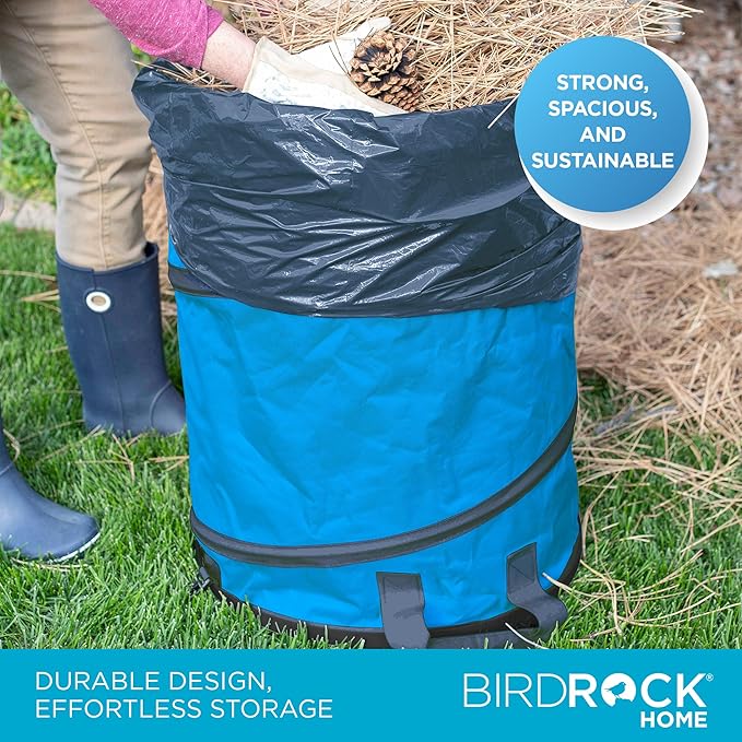BIRDROCK HOME Collapsible Lawn and Leaf Waste Bag with Lid - 30 Gallon - Heavy Duty Reusable Camping Trash Can - Hardshell Bottom for Yard Debris, Garage Storage - Portable Garden Bin - Blue