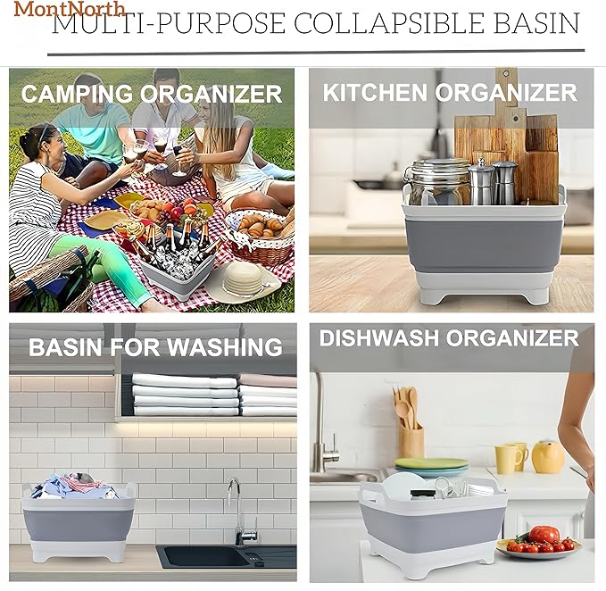 Collapsible Wash Basin 9L, Foldable Dish Tub with Drain Plug, Portable Collapsible Dish Basin, Camping Sink for Washing Dishes, Laundry & Kitchen Use,Gray