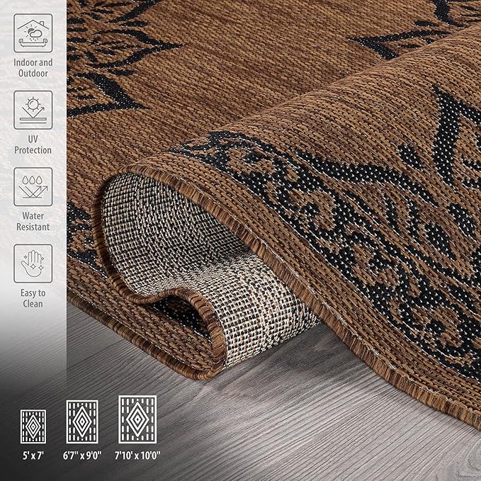 CAMILSON Outdoor Rug, 10x14 Medallion Nut Brown Black Modern Area Rugs for Large Indoor and Outdoor Patios, Kitchen and Hallway Mats, Washable Porch Deck Outside Carpet (Nut Brown Black, 10 x 14)