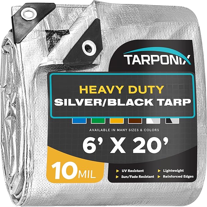 6' x 20' Dual-Sided Heavy-Duty Tarp – 10 Mil Tear-Resistant Silver & Black Cover with Reinforced Edges and Anti-Rust Grommets