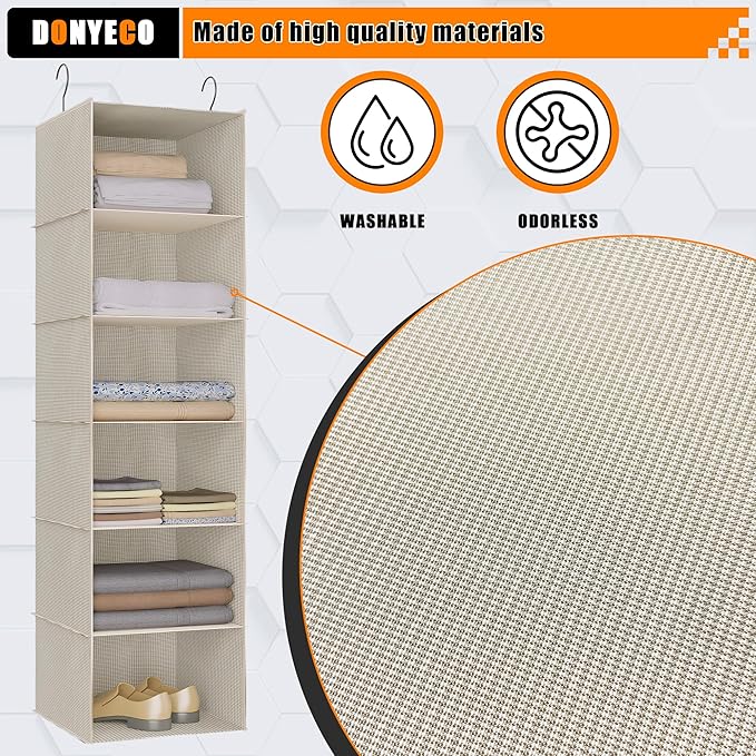 Hanging Closet Organizer, Easy Mount Foldable 6-Shelf Hanging Closet Wardrobe Storage Shelves, Clothes Handbag Shoes Accessories Storage, Imitation Linen Fabric, Beige Houndstooth