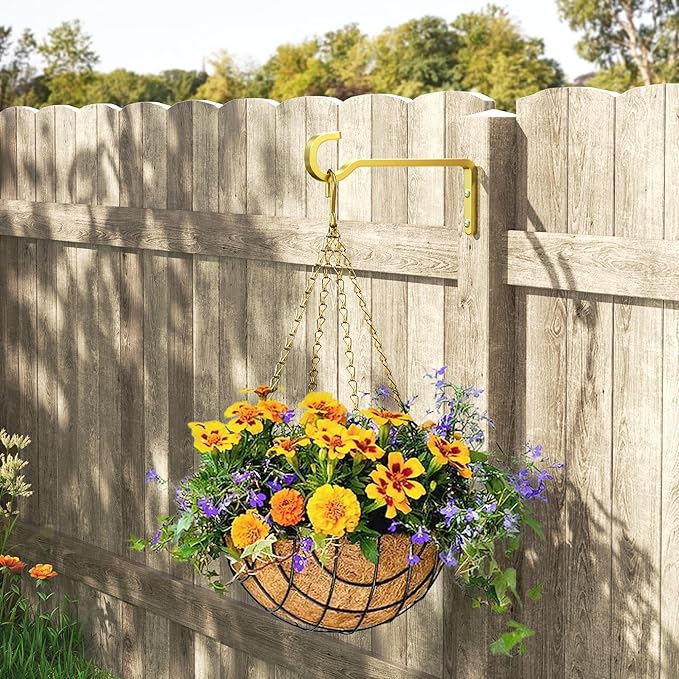 6 Inch 2 Pack Heavy Duty Outdoor Plant Hangers for Hanging Baskets, Iron Plant Brackets, Metal Plant Wall Hooks for Lantern, Bird Feeder, Wind Chimes, Gold