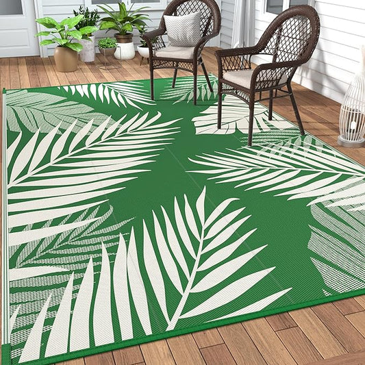 GENIMO Outdoor Rug 5' x 8' Waterproof for Patios Clearance, Reversible Plastic Straw Camping Rug Carpet, Large Area Rugs Mats for RV, Picnic, Backyard, Deck, Balcony, Porch, Dark Green&White