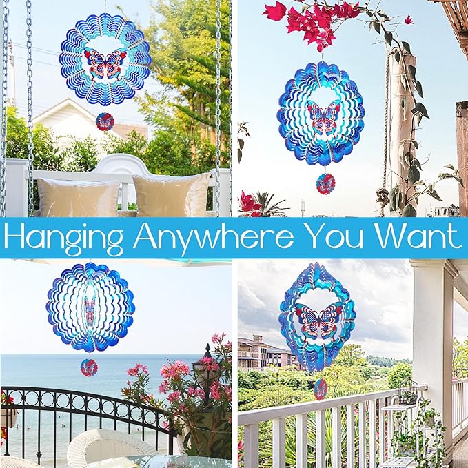 Butterfly Wind Spinners Garden Yard Decor Gift for Women Men, 12 Inch Outdoor Metal 3D Wind Spinner, July 4th American Flag Patriotic Wind Spinner Stainless Steel Hanging Outside Decoration