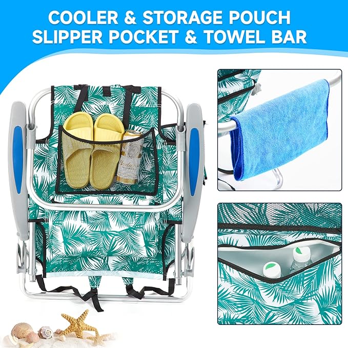 2 Pack Lightweight Portable Camping Beach Chair for Adults, Outdoor Lay Flat Folding Beach Chairs with 4 Positions, Backpack Beach Chair with Towel Bar, Cooler Pouch, Cup Holder, Green Leaves