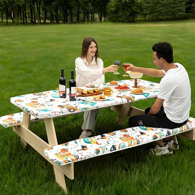 72 X 30 Inch Elastic Fitted Camping Table Cover with Bench Covers & Storage Bag, Picnic Tablecloth, Fits 6ft Picnic Tables, Polyester, Washable, Spill Resistant, Waterproof - Dino