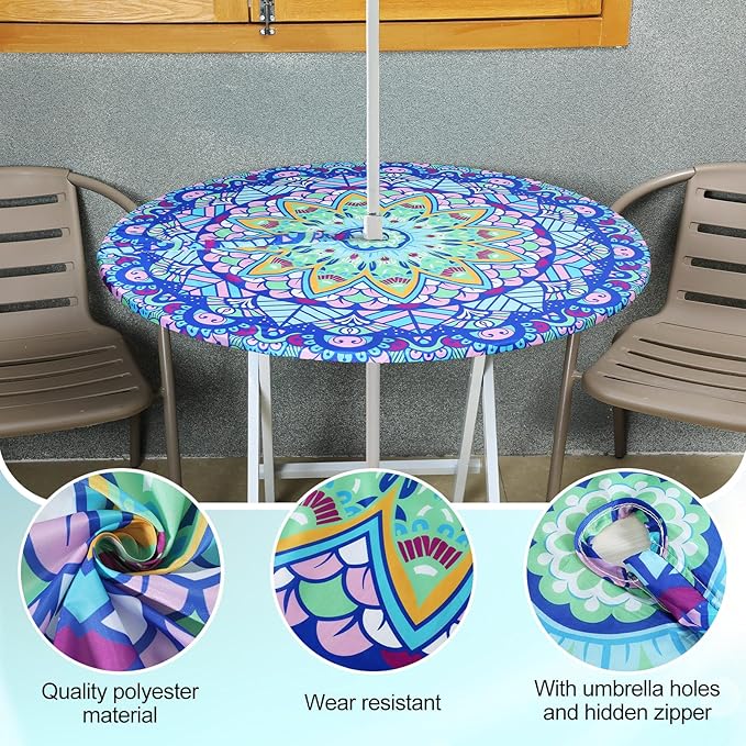 2 Pcs Round Outdoor Tablecloth with Umbrella Hole - Anti-Wrinkle Polyester Tablecloth with Elastic Zipper Table Cover for Summer Patio Camping Party(36''-44'',Mandala)