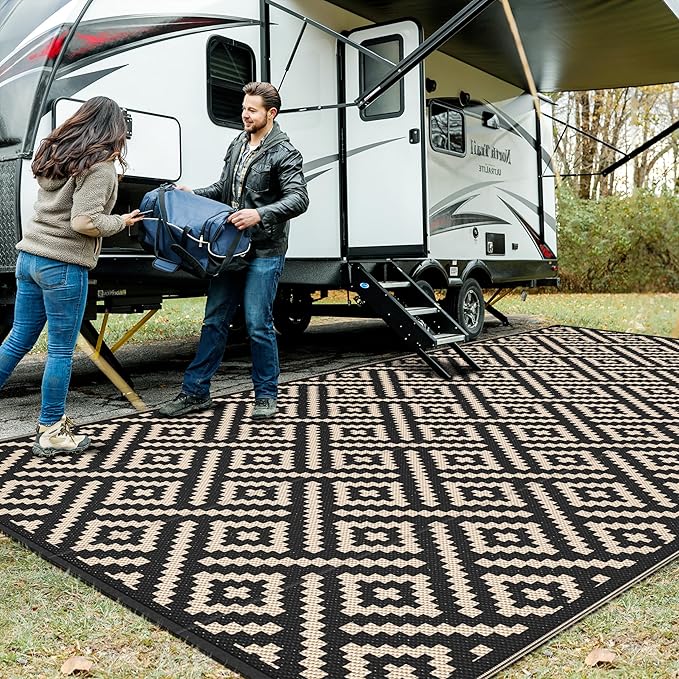 GENIMO Outdoor Rug for Patio Clearance, 9'x18' Waterproof Camping Mat, Reversible Plastic Straw Rugs for RV, Camper, Balcony, Backyard, Picnic, Deck (Black & Beige)