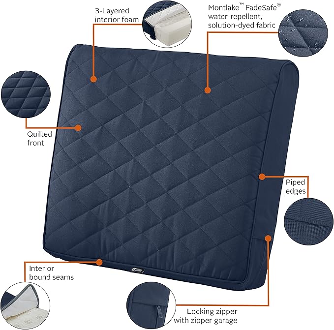 Classic Accessories Montlake FadeSafe Water-Resistant 25 x 22 x 4 Inch Wide Back Patio Quilted Lounge Cushion, Navy