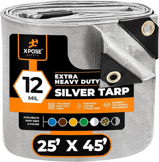 Heavy Duty Silver Poly Tarp 25' X 45' - Multipurpose Protective Cover - Durable, Waterproof, Weather Proof, Rip and Tear Resistant - Extra Thick 12 Mil Polyethylene - by Xpose Safety
