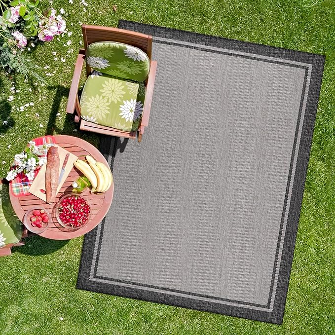 CAMILSON Indoor Outdoor Rug, 8x10 Bordered Gray Modern Area Rugs for Indoor and Outdoor Patios, Kitchen and Hallway Mats, Washable Porch Deck Outside Carpet (Bordered Grey, 8 x 10)