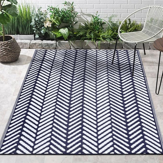 FH Home Outdoor Rug - Waterproof, Fade Resistant, Reversible - Premium Recycled Plastic - Herringbone - Patio, Deck, Porch, Balcony, Laundry Room - Fresno - Navy Crease Free - 4 x 6 ft