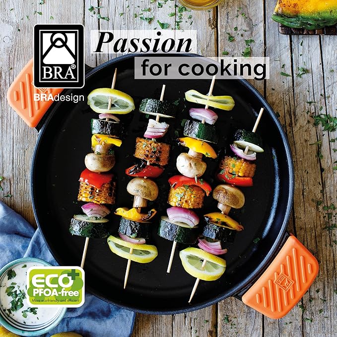 BRA COOKWARE Efficient Iron Round Smooth Grill | 12.6 inches Cast Iron Round Griddle | All Heat Sources Compatible | PFOA Free | Without Non-Stick | Silicon Handle | Non Deformable