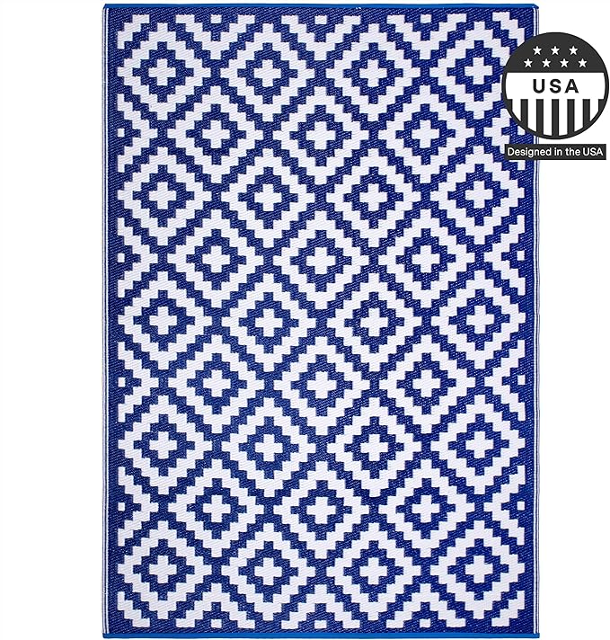 FH Home Outdoor Rug - Waterproof, Fade Resistant, Reversible - Premium Recycled Plastic - Geometric - Large Patio, Deck, Sunroom, Camping, RV - Aztec - Blue & White Crease Free - 6 x 9 ft