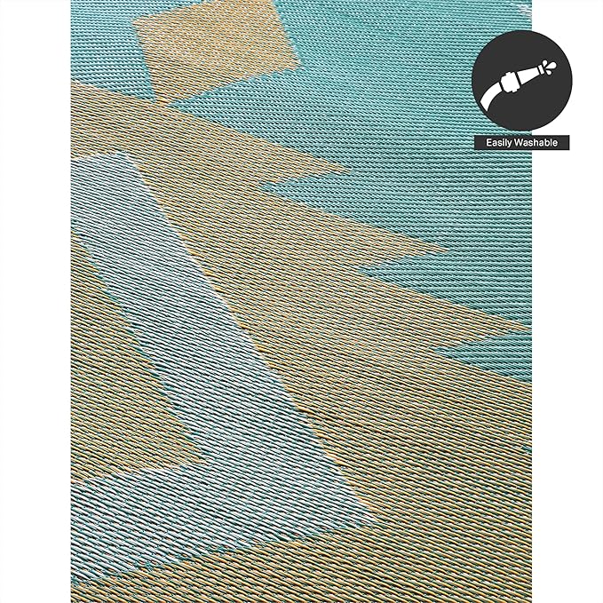 FH Home Outdoor Rug - Waterproof, Fade Resistant, Reversible - Premium Recycled Plastic - Geometric - Porch, Deck, Balcony, Mudroom, Laundry Room, Patio - Bursa Kilim - Teal Crease Free - 3 x 5 ft