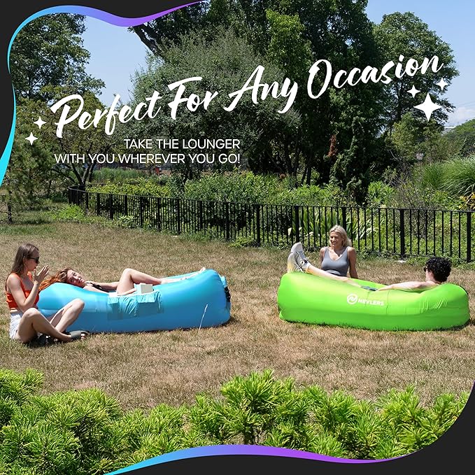 Nevlers 2 Pack Inflatable Loungers Air Sofa Couch | Perfect for Beach Chair Camping Chairs or Portable Hammock |Travel Bag Pouch, Pegs & 3 Pockets| Movie Seating & Camping Accessories Blow Up Lounger