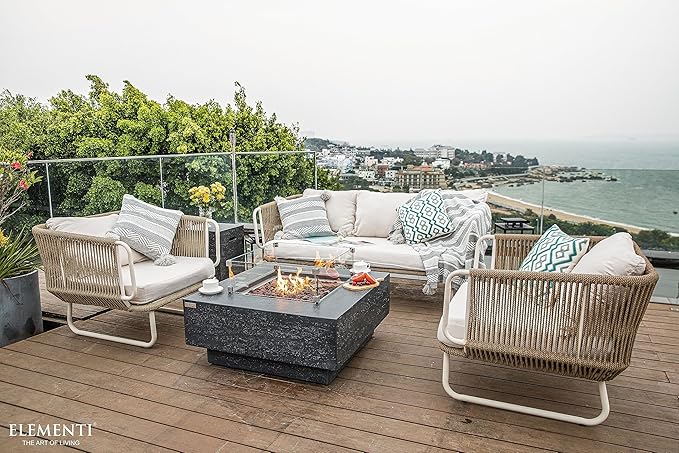 Elementi | Bundle Manhattan Gas Fire Pit Cast Concrete 36" Square Fire Table, Outdoor Fire Pit Electronic Ignition | Canvas Cover, Lava Rock Included | Dark Gray (Natural Gas)