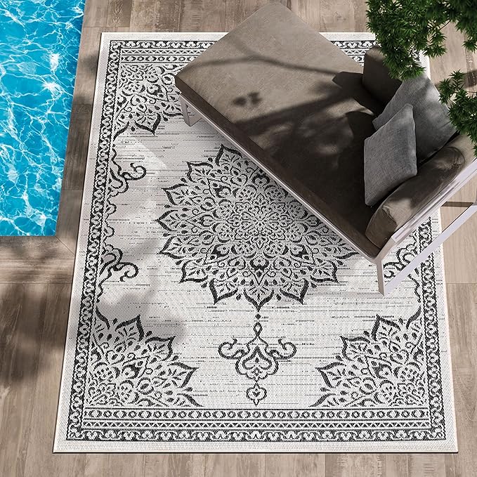 CAMILSON Outdoor Rug, 5x7 Medallion White Black Modern Area Rugs for Indoor and Outdoor Patios, Kitchen and Hallway Mats, Washable Porch Deck Outside Carpet (Medallion White, 5 x 7)