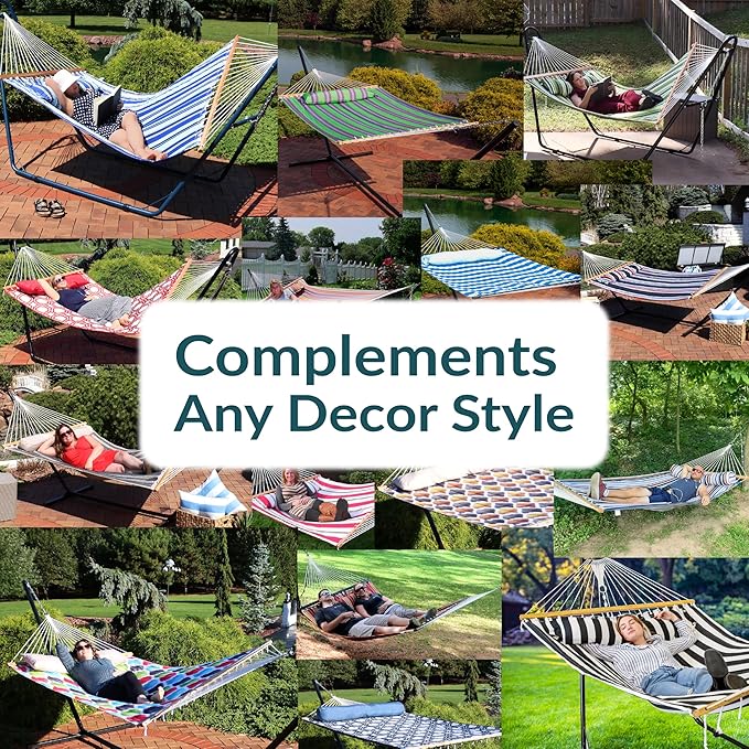 Sunnydaze Double Quilted Fabric Hammock with Universal Steel Stand - 450-Pound Capacity - Black Stand - Mountainside