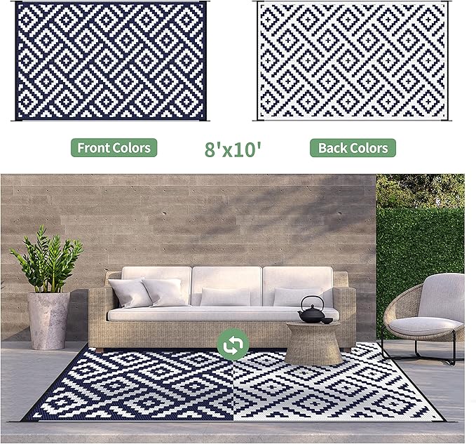 GENIMO Outdoor Rugs 8x10 Waterproof, Reversible Mats, Area Plastic Straw Rug, Outside Carpet, Geometric Rv Mat for Patio Camping Rv Picnic Backyard Deck Balcony Porch Beach Trailer (Navy Blue & White)