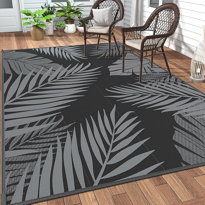 GENIMO Outdoor Rug 5' x 8' Waterproof for Patios Clearance, Reversible Outdoor Plastic Straw Camping Rug Carpet, Large Area Rugs Mats for RV, Picnic, Backyard, Deck, Balcony, Porch, Beach, Black&Grey