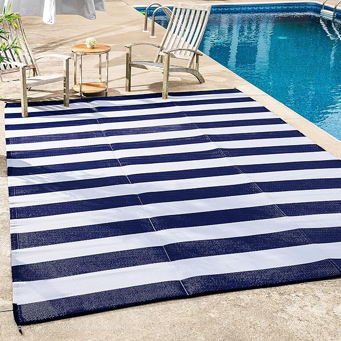 FH Home Outdoor Rug - Waterproof, Fade Resistant, Reversible - Premium Recycled Plastic - Striped - Large Patio, Deck, Sunroom, Camping, RV - Brittany Stripe - Blue & White Crease Free - 6 x 9 ft