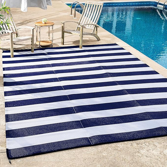 FH Home Outdoor Rug - Waterproof, Fade Resistant, Reversible - Premium Recycled Plastic - Striped - Porch, Deck, Balcony, Mudroom, Laundry Room, Patio - Brittany - Blue & White Crease Free - 3 x 5 ft