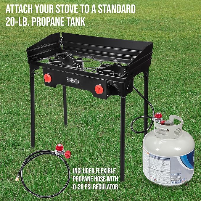 Hike Crew Cast Iron Double-Burner Outdoor Gas Stove | 150,000 BTU Portable Propane Cooktop w/Blue Flame Control, Removable Legs, Temperature Control Knobs, Wind Panel, Hose, Regulator & Storage Case