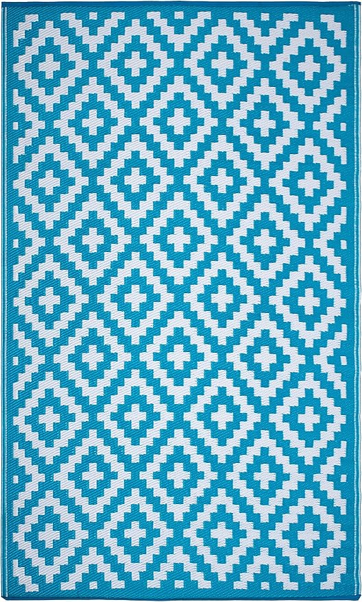 FH Home Outdoor Rug - Waterproof, Fade Resistant, Reversible - Premium Recycled Plastic - Geometric - Porch, Deck, Balcony, Mudroom, Laundry Room, Patio - Aztec - Teal & White Crease Free - 3 x 5 ft