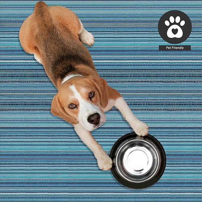 FH Home Outdoor Camping Rug - Waterproof, Fade Resistant, Reversible - Premium Recycled Plastic - Striped - Large Patio, Deck, Sunroom, RV - Havana - Turquoise - 9 x 18 ft Foldable