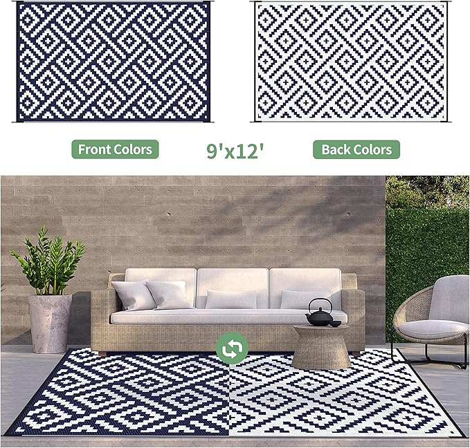 GENIMO Outdoor Rug for Patio Clearance,9'x12' Waterproof Large Mat,Reversible Plastic Camping Rugs,Rv,Porch,Deck,Camper,Balcony,Backyard (Navy Blue & White)