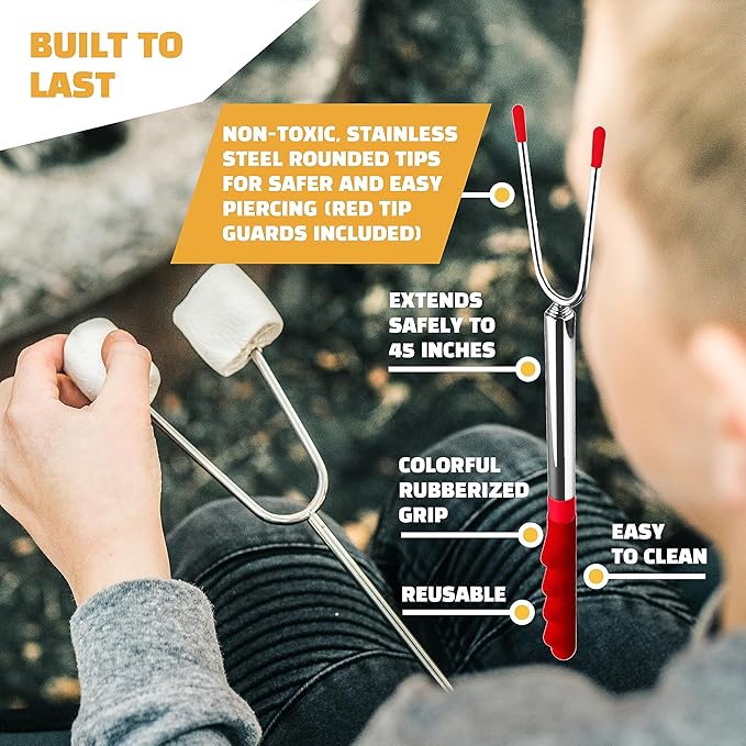 MalloMe Smores Sticks for Fire Pit Extra Long - Marshmallow Roasting Sticks Smores Kit -Smore Skewers Hot Dog Fork Campfire Cooking Equipment, Camping Essentials,Outdoor Campfire Accessories 45"20Pack