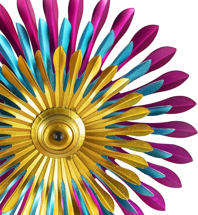 Alpine Corporation 47" Tall Outdoor Metal Windmill Triple Spinner Garden Stake Yard Decoration, Daisy