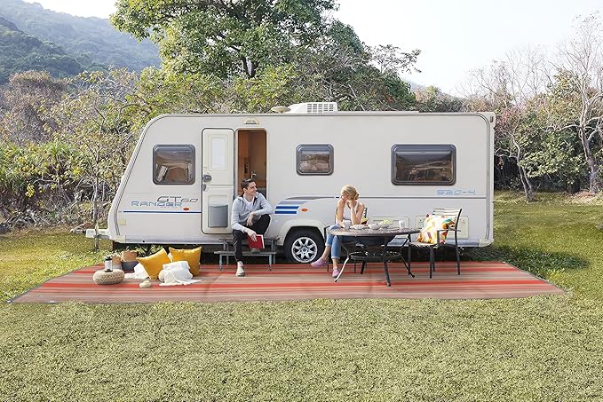 CGEAR RV Comfort Mat – Patented Sand-Free Technology with Ultra Soft Material – Sized to Your RV, Campsite, Beach House – Great Outdoor Patio Rug for RV and Camping (Earthy Stripe, 8' X 14')