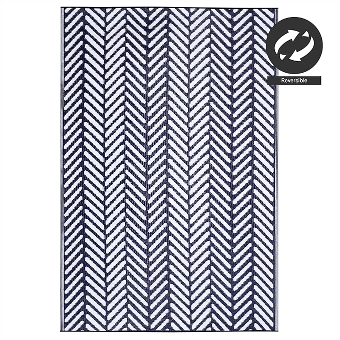 FH Home Outdoor Camping Rug - Waterproof, Fade Resistant, Reversible - Premium Recycled Plastic - Herringbone - Large Patio, Deck, Sunroom, RV - Fresno - Navy - 9 x 12 ft Foldable