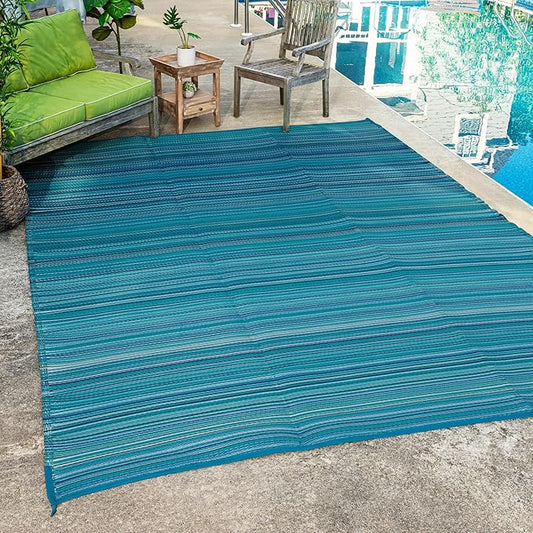 FH Home Outdoor Camping Rug - Waterproof, Fade Resistant, Reversible - Premium Recycled Plastic - Striped - Large Patio, Deck, Sunroom, RV - Havana - Turquoise - 9 x 18 ft Foldable