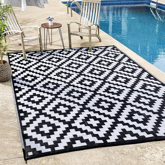 FH Home Outdoor Camping Rug - Waterproof, Fade Resistant, Reversible - Premium Recycled Plastic - Geometric - Patio, Deck, Sunroom, RV - Aztec - Black & White - 5 x 8 ft Foldable