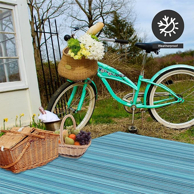 FH Home Outdoor Rug - Waterproof, Fade Resistant, Reversible - Premium Recycled Plastic - Striped - Patio, Deck, Porch, Balcony - Havana - Turquoise Crease Free - 5 x 8 ft