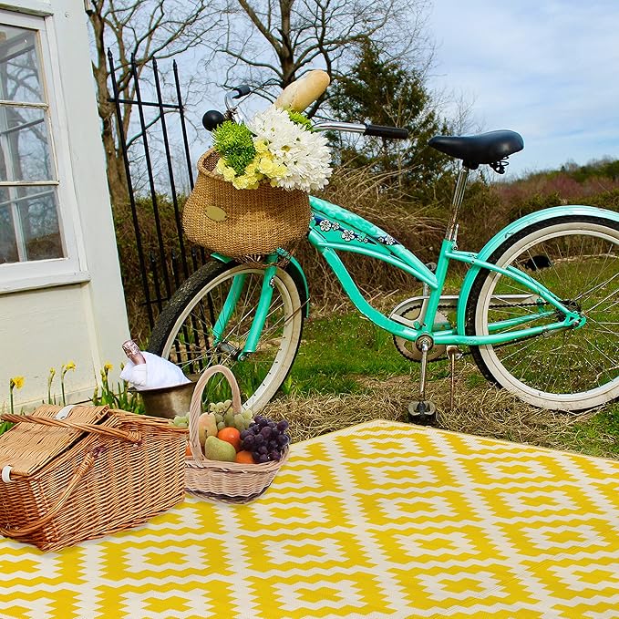 FH Home Outdoor Rug - Waterproof, Fade Resistant, Reversible - Premium Recycled Plastic - Geometric - Large Patio, Deck, Sunroom, Camping, RV - Aztec - Yellow & White Crease Free - 6 x 9 ft