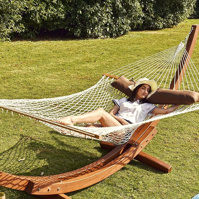 Lazy Daze Hammocks 12 FT Double Rope Hammock and 13 FT Natural Wooden Arc Stand, 2 Person Hand Woven Cotton Hammock with Spreader Bar for Outdoor Patio Poolside, 450 lb Capacity, Natural