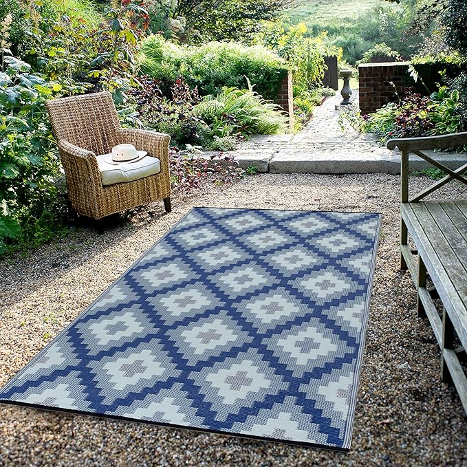 FH Home Outdoor Rug - Waterproof, Fade Resistant, Reversible - Premium Recycled Plastic - Geometric - Patio, Deck, Porch, Balcony, Laundry Room - Aztec Kilim - Blue Multi Crease Free - 4 x 6 ft