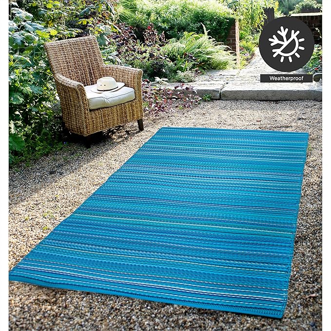 FH Home Outdoor Camping Rug - Waterproof, Fade Resistant, Reversible - Premium Recycled Plastic - Striped - Large Patio, Deck, Sunroom, RV - Havana - Turquoise - 9 x 18 ft Foldable